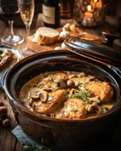 Dump-and-Go Smothered Pork Chops cooked in a creamy mushroom gravy served in a rustic skillet