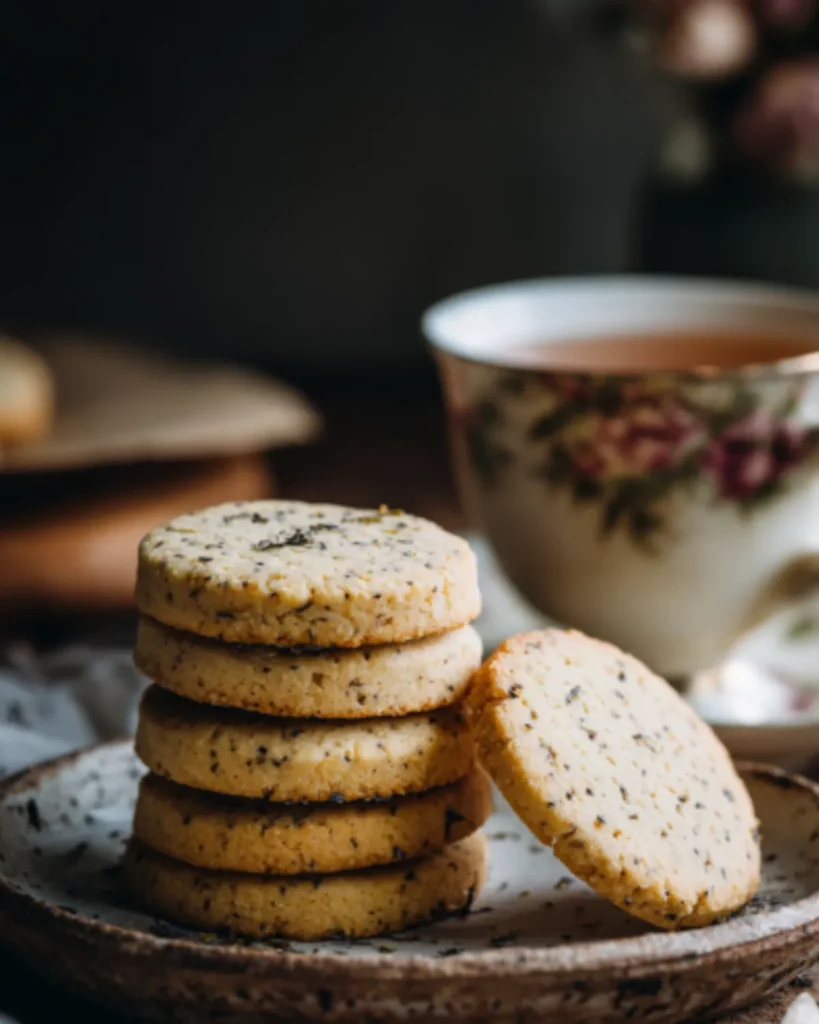 Earl Grey Tea Shortbread cookies stacked on a rustic plate with a floral teacup in the background