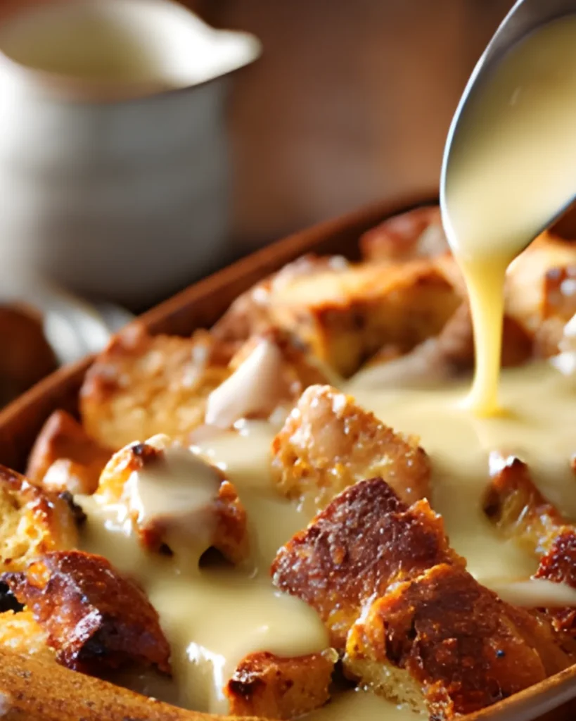 Easy Bread Pudding with Vanilla Sauce being poured over golden baked bread cubes