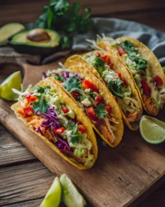 Easy Chicken Tacos served in crispy shells with shredded chicken, cabbage, tomatoes, cilantro, and lime wedges