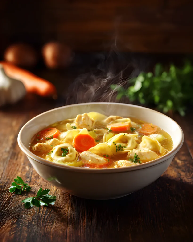 Easy Chicken Tortellini Soup served hot with tender chicken, cheese tortellini, carrots, and herbs in a comforting broth