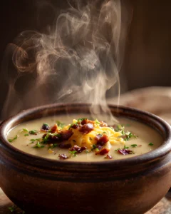 Easy Crockpot Potato Soup Recipe served hot with melted cheddar cheese, crispy bacon, and fresh herbs in a rustic bowl