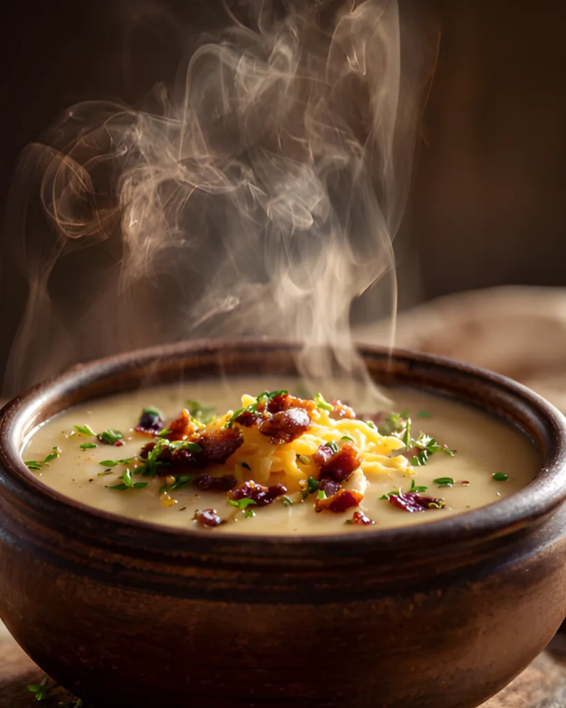 Easy Crockpot Potato Soup Recipe served hot with melted cheddar cheese, crispy bacon, and fresh herbs in a rustic bowl