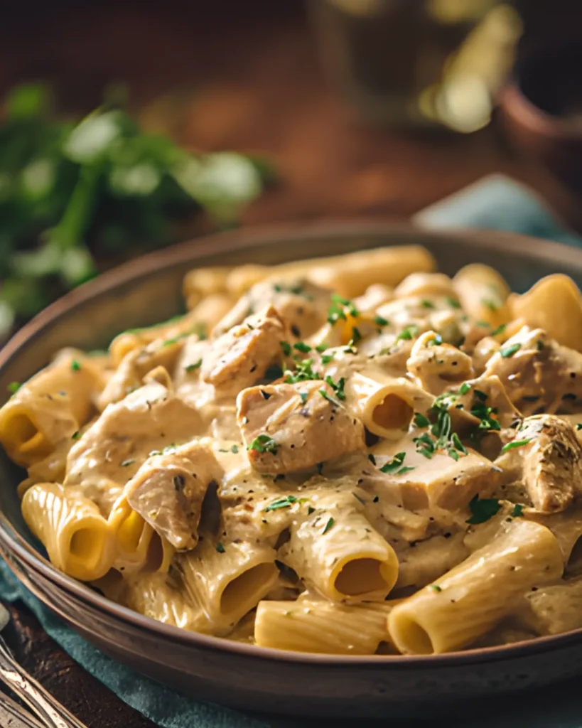 A delicious plate of easy parmesan chicken pasta with creamy sauce, tender chicken pieces, and garnished with fresh parsley.
