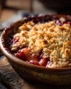 Easy Rhubarb Crumble Recipe with golden crispy topping and fresh baked rhubarb filling in a rustic dish