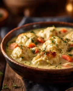 Easy Slow Cooker Chicken and Dumplings in a creamy broth with tender dumplings, carrots, and herbs