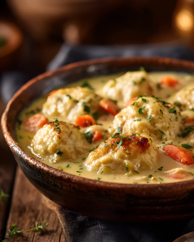 Easy Slow Cooker Chicken and Dumplings in a creamy broth with tender dumplings, carrots, and herbs