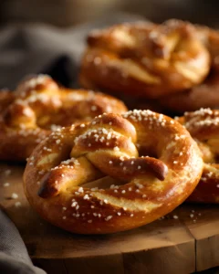 Golden brown Easy Soft Pretzels Recipe freshly baked with coarse salt on top and served on a wooden board