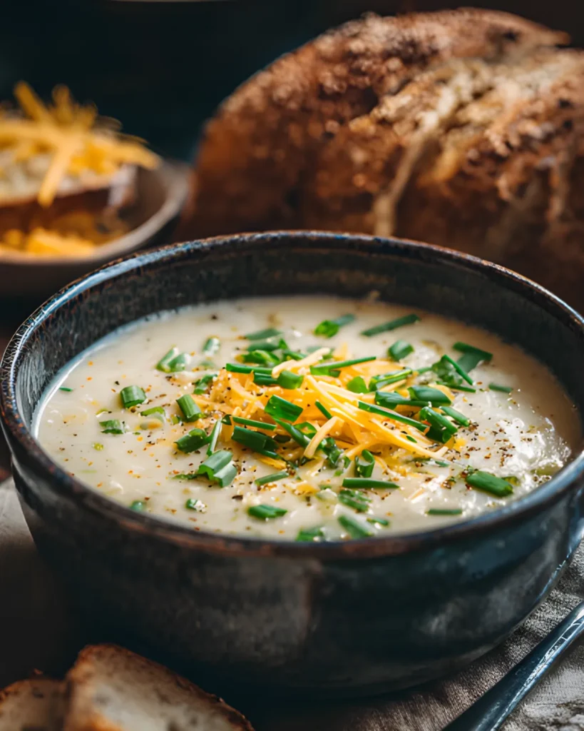Easy Tuscan White Bean Soup Recipe served in a rustic bowl topped with shredded cheese and fresh chives, with crusty bread on the side