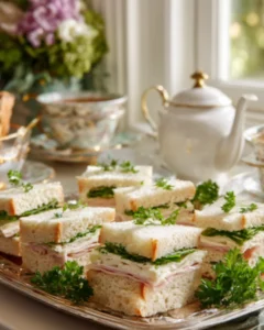 Elegant Egg Salad Recipe tea sandwiches served on a silver tray with fresh herbs and afternoon tea setting