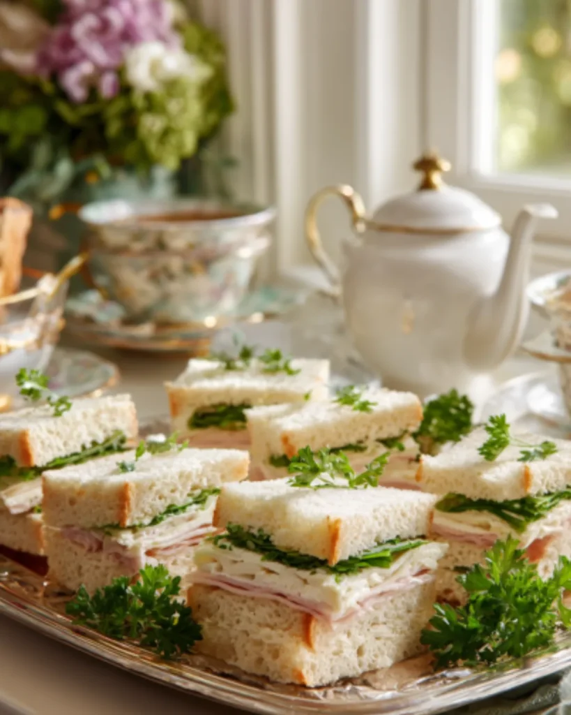 Elegant Egg Salad Recipe tea sandwiches served on a silver tray with fresh herbs and afternoon tea setting
