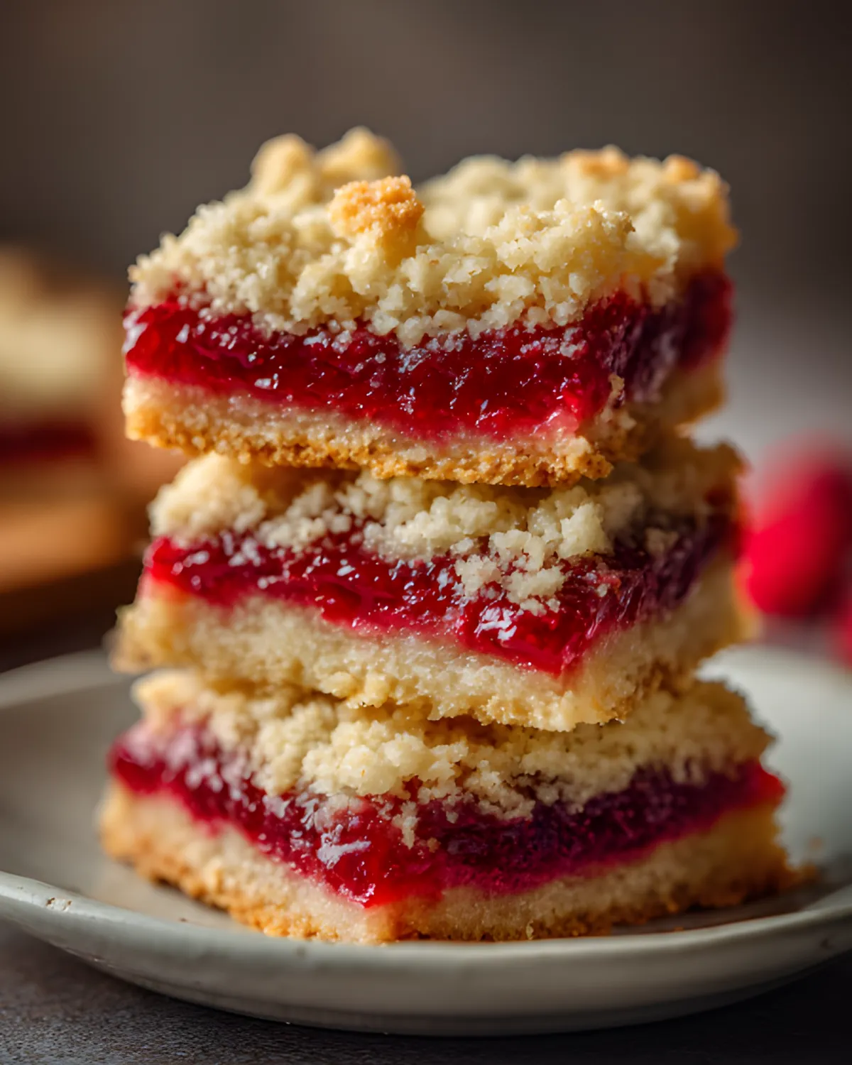 Fabulous Five Ingredient Raspberry Bars stacked with buttery crumble topping and rich raspberry filling