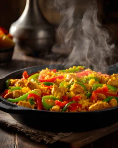 Flavorful Mexican Chicken and Rice cooked in a skillet with seasoned chicken, yellow rice, bell peppers, and herbs