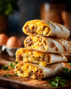 Freezer Breakfast Burritos stacked with scrambled eggs, sausage, and melted cheese in toasted tortillas