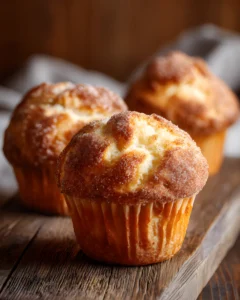 French Breakfast Puffs Recipe showing golden muffins coated in cinnamon sugar on a wooden board