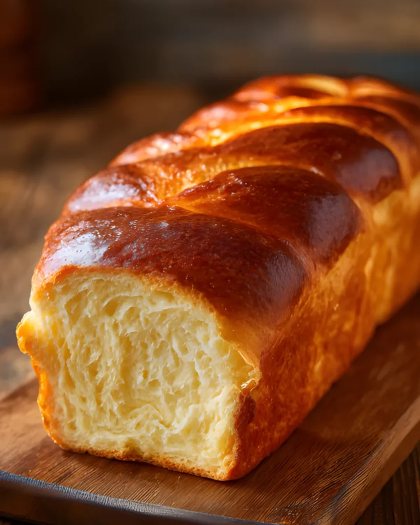 French Brioche Bread Recipe featuring a soft, fluffy, golden-brown buttery loaf on a wooden board