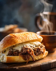 French Dip Recipe Crock Pot sandwich with tender shredded beef and melted cheese on a toasted roll served with hot au jus