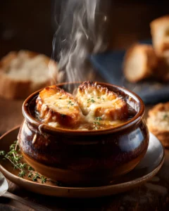 French Onion Soup Recipe in a rustic bowl topped with melted cheese and toasted bread, steaming hot