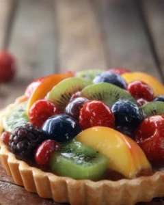 Fresh Fruit Tart topped with glazed strawberries, blueberries, kiwi slices, and peach on a golden crust