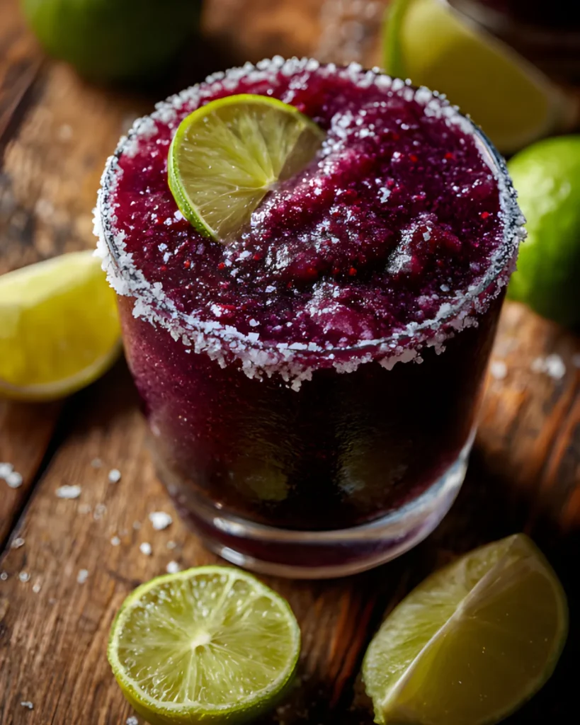 Frozen blackberry margarita with salted rim and fresh lime garnish in a glass