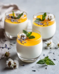 Gelatin Trick Yogurt Version creamy yogurt panna cotta with mango topping and mint garnish in glass cups