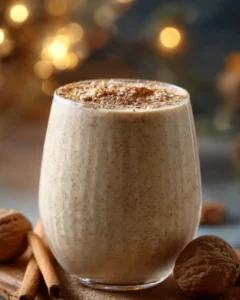 Gingerbread Protein Smoothie in a glass topped with cinnamon, surrounded by walnuts and cinnamon sticks
