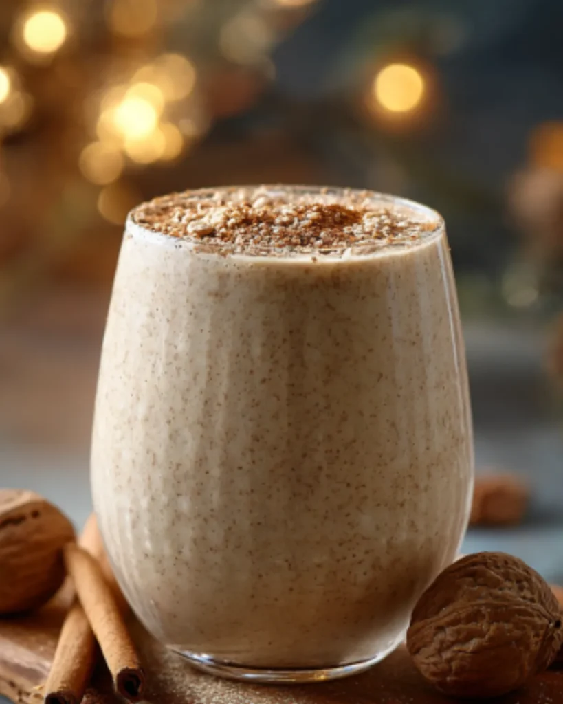 Gingerbread Protein Smoothie in a glass topped with cinnamon, surrounded by walnuts and cinnamon sticks
