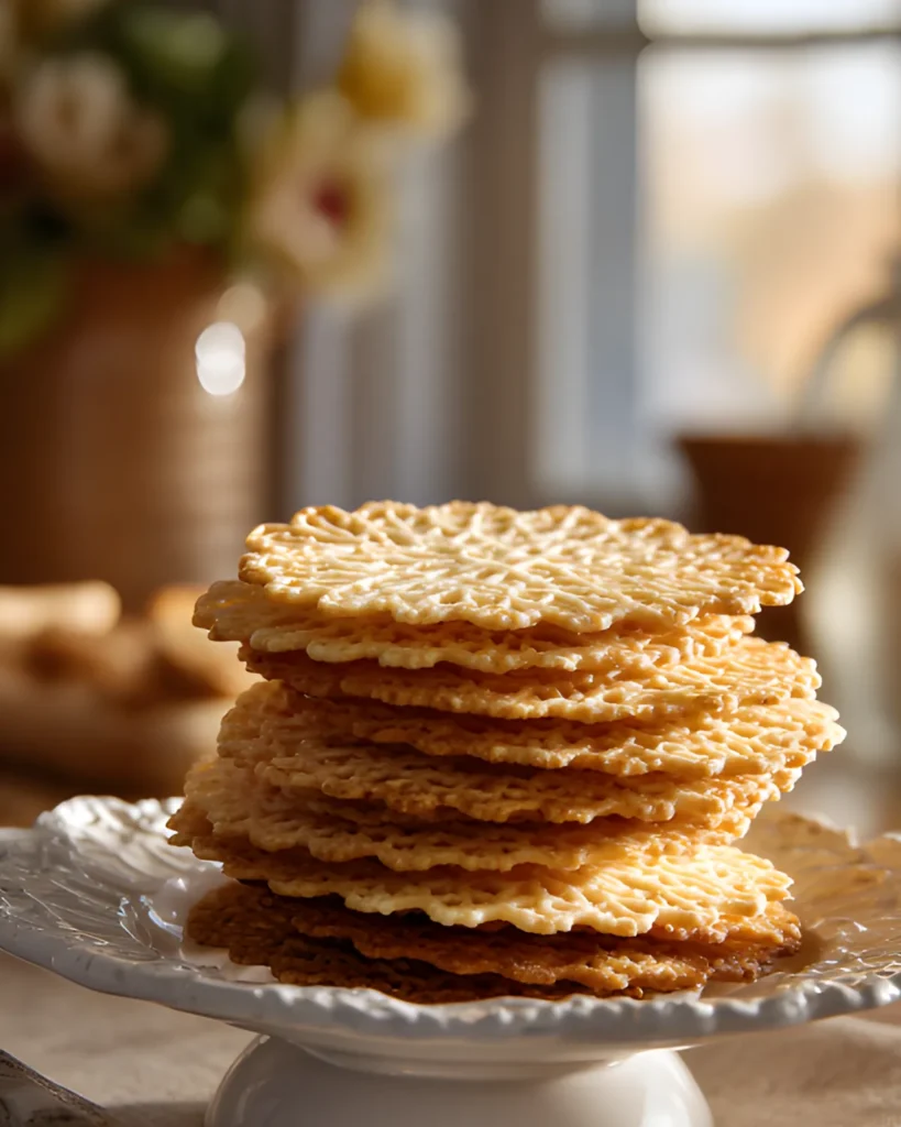 Grandmas Lace Cookies stacked on a cake stand, thin and crispy with a delicate texture