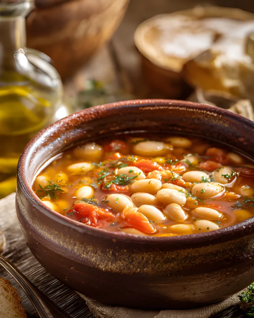 Greek Bean Soup Recipe with white beans, tomatoes, olive oil, and herbs served in a rustic bowl