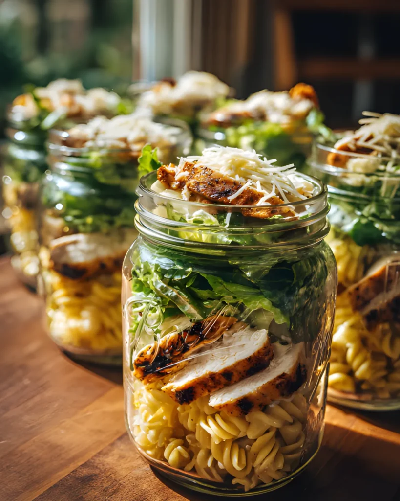 Healthy Chicken Salad with Pecans layered in mason jars with pasta, grilled chicken, greens, and shredded cheese