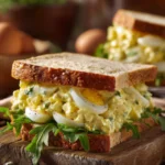 Hearty Egg Salad Recipe sandwich with creamy egg filling, sliced boiled eggs, and fresh greens on rustic bread