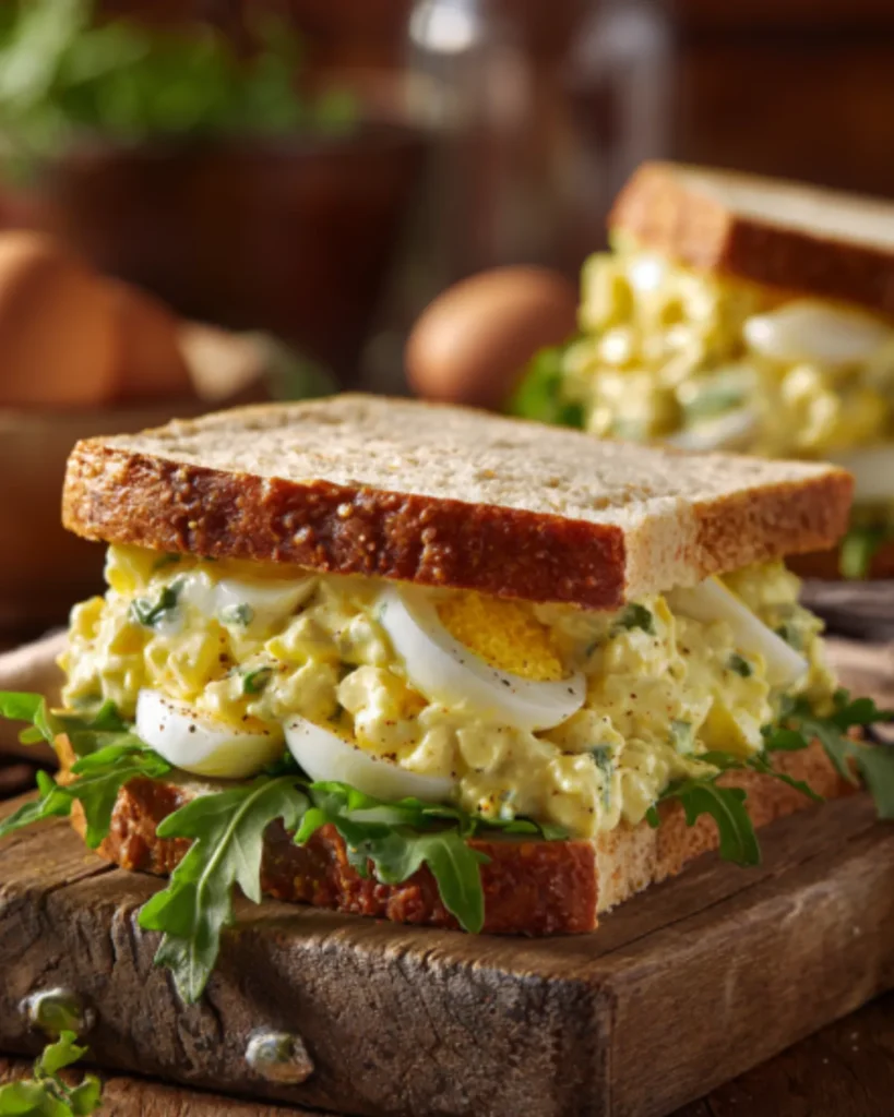 Hearty Egg Salad Recipe sandwich with creamy egg filling, sliced boiled eggs, and fresh greens on rustic bread