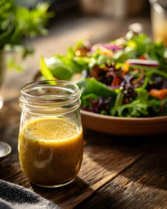 Homemade Champagne Vinaigrette in a glass jar served with fresh green salad