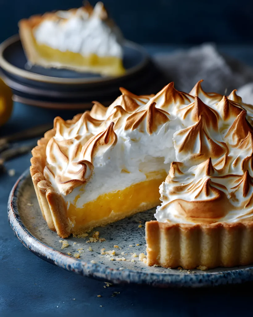 Homemade Lemon Meringue Pie with toasted meringue peaks, flaky crust, and bright lemon filling on a blue plate with a slice removed.