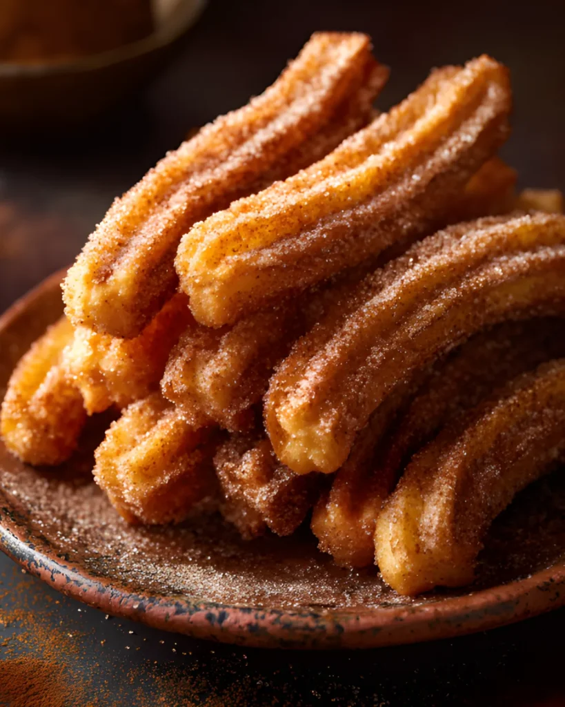 Homemade Mexican Churros coated in cinnamon sugar served on a plate with a crispy golden texture