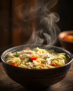 Homestyle Chicken Noodle Soup in a rustic bowl with tender chicken, noodles, and vegetables, steaming hot