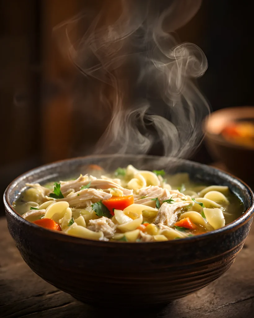 Homestyle Chicken Noodle Soup in a rustic bowl with tender chicken, noodles, and vegetables, steaming hot