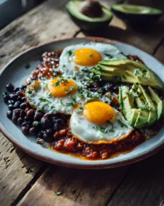 Huevos Rancheros Recipe with fried eggs, avocado slices, black beans, and rich tomato sauce on a plate