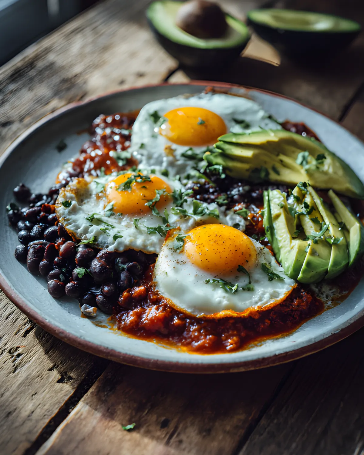 Huevos Rancheros Recipe with fried eggs, avocado slices, black beans, and rich tomato sauce on a plate