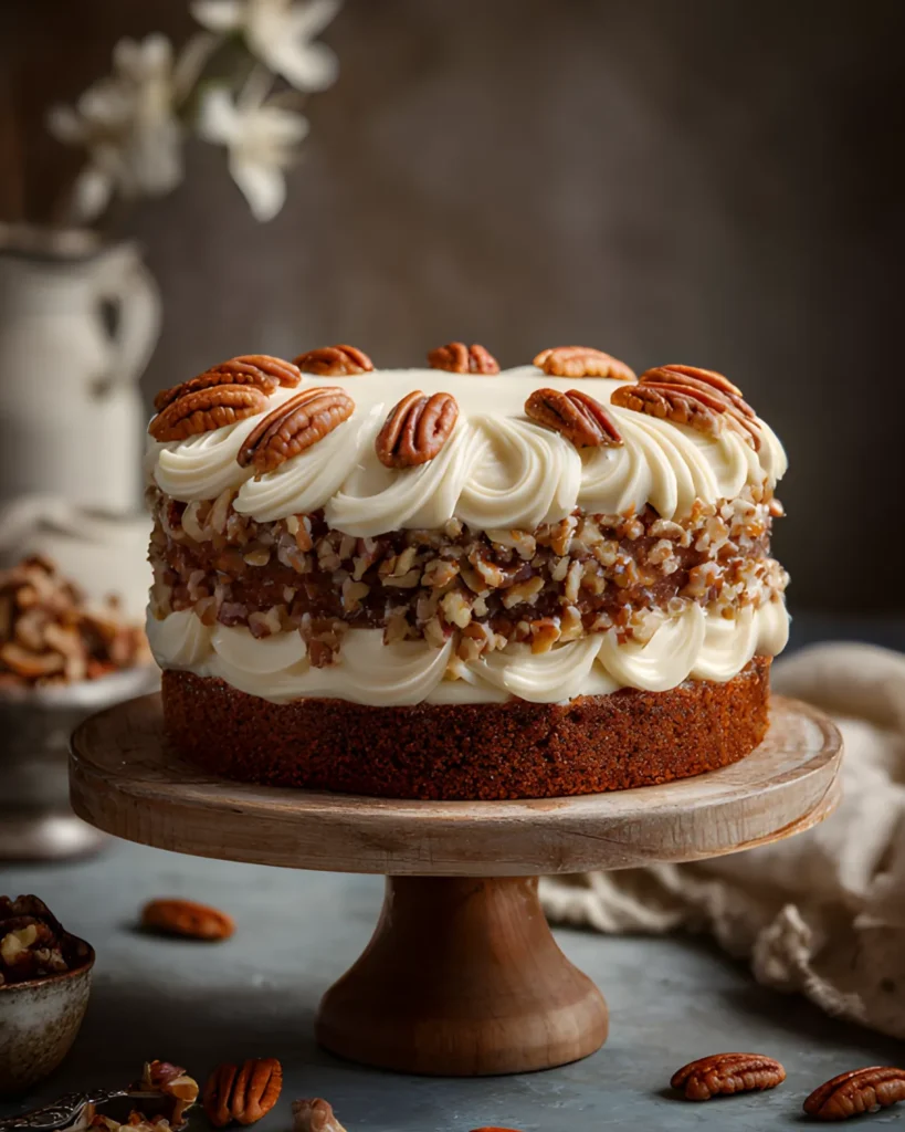 Hummingbird Cake Recipe with cream cheese frosting and pecans on a layered cake