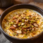 Indian Overnight Oats Recipe topped with pistachios, almonds, saffron, and cardamom in a rustic bowl.