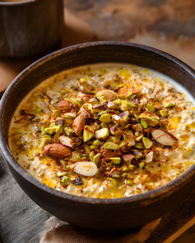 Indian Overnight Oats Recipe topped with pistachios, almonds, saffron, and cardamom in a rustic bowl.