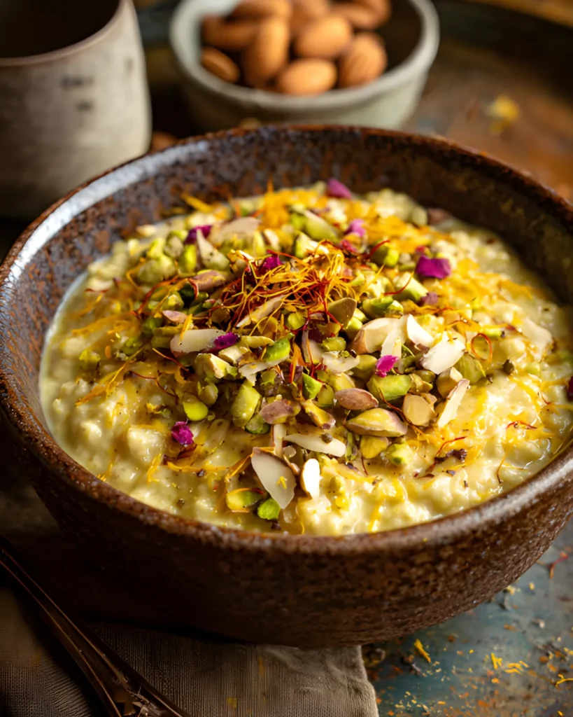 Indian overnight oats topped with pistachios, almonds, and rose petals in a bowl.