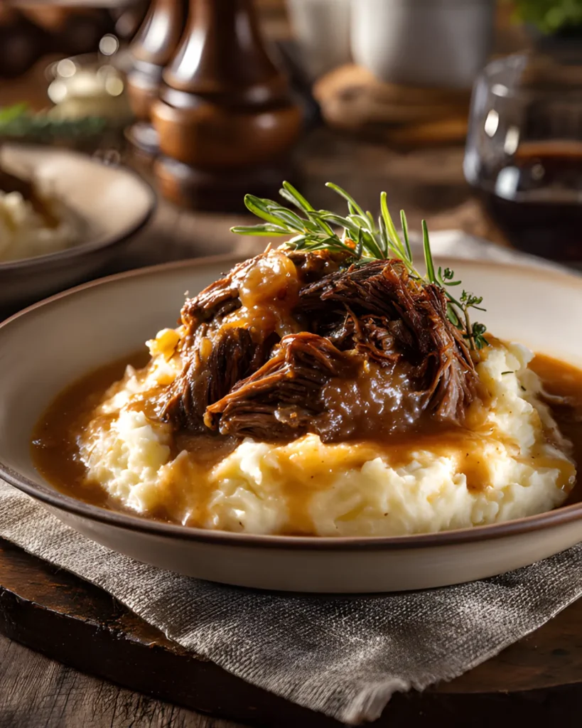 Instant Pot Mississippi Pot Roast served over creamy mashed potatoes with rich gravy and fresh herbs