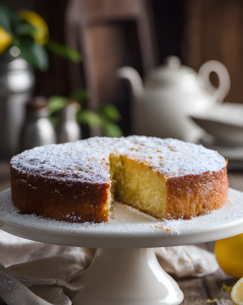 Italian Lemon Ricotta Cake on a white cake stand with powdered sugar topping, a slice removed, and fresh lemon on a rustic table.