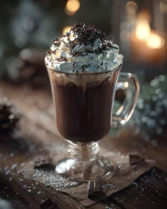 Kahlua Hot Chocolate topped with whipped cream and chocolate sprinkles in a glass mug