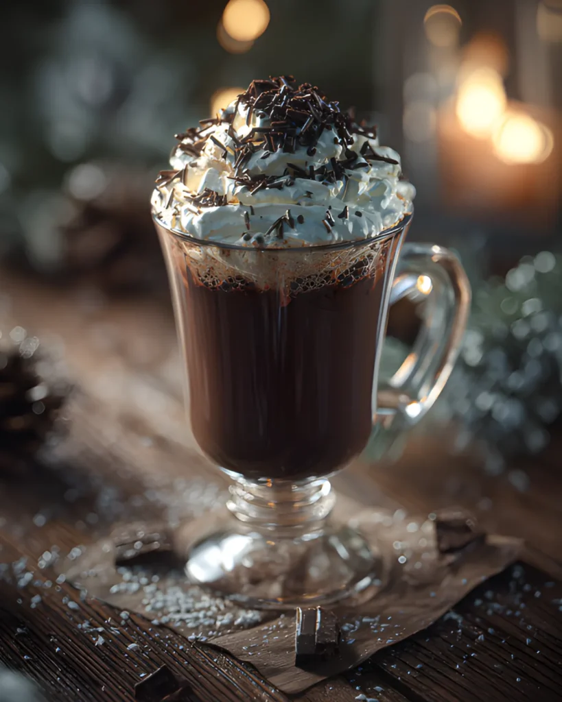 Kahlua Hot Chocolate topped with whipped cream and chocolate sprinkles in a glass mug