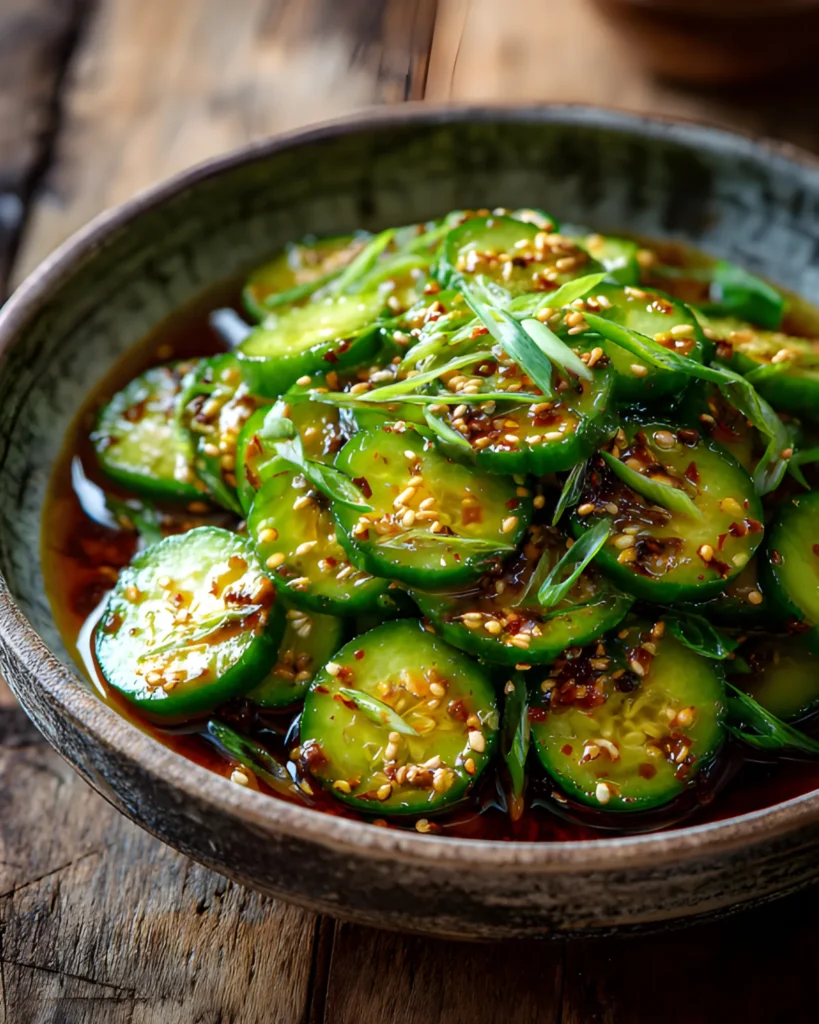 Korean Cucumber Salad with sliced cucumbers, sesame seeds, and spicy chili dressing in a rustic bowl