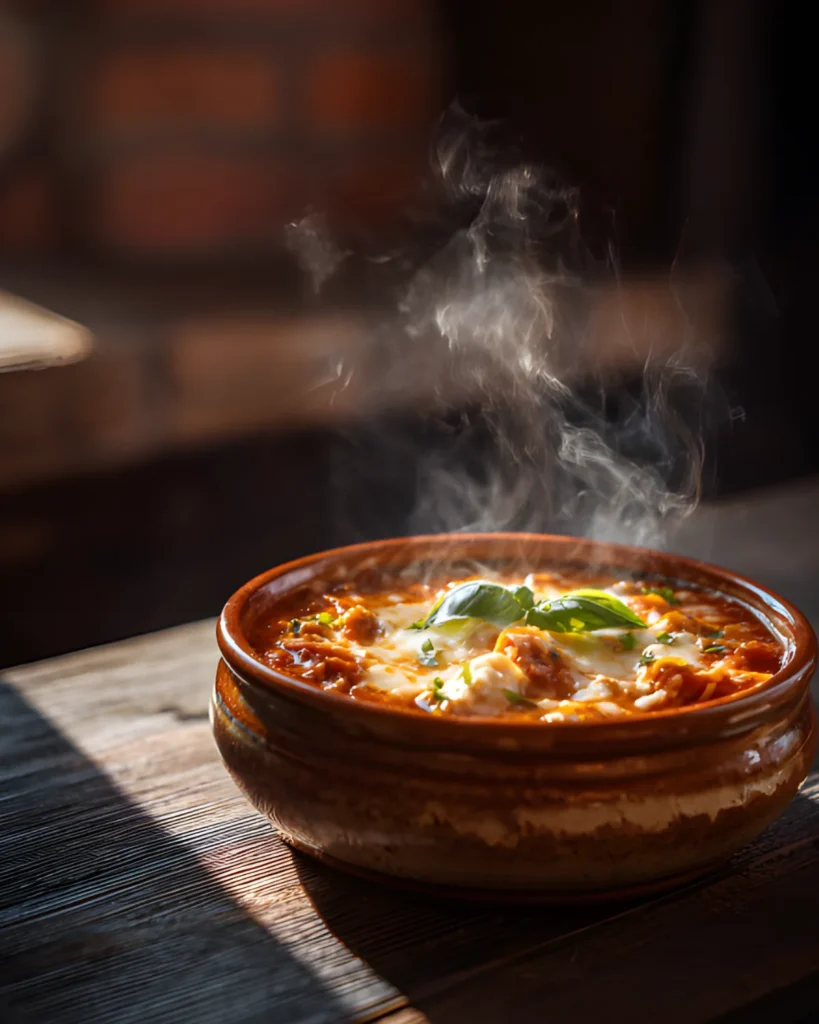 Steaming bowl of Lasagna Soup recipe with melted cheese, fresh basil, and rich tomato broth in a rustic bowl