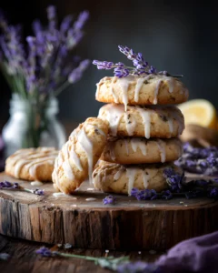 Lavender cookies recipe showing stacked homemade cookies with icing and dried lavender flowers on a rustic board